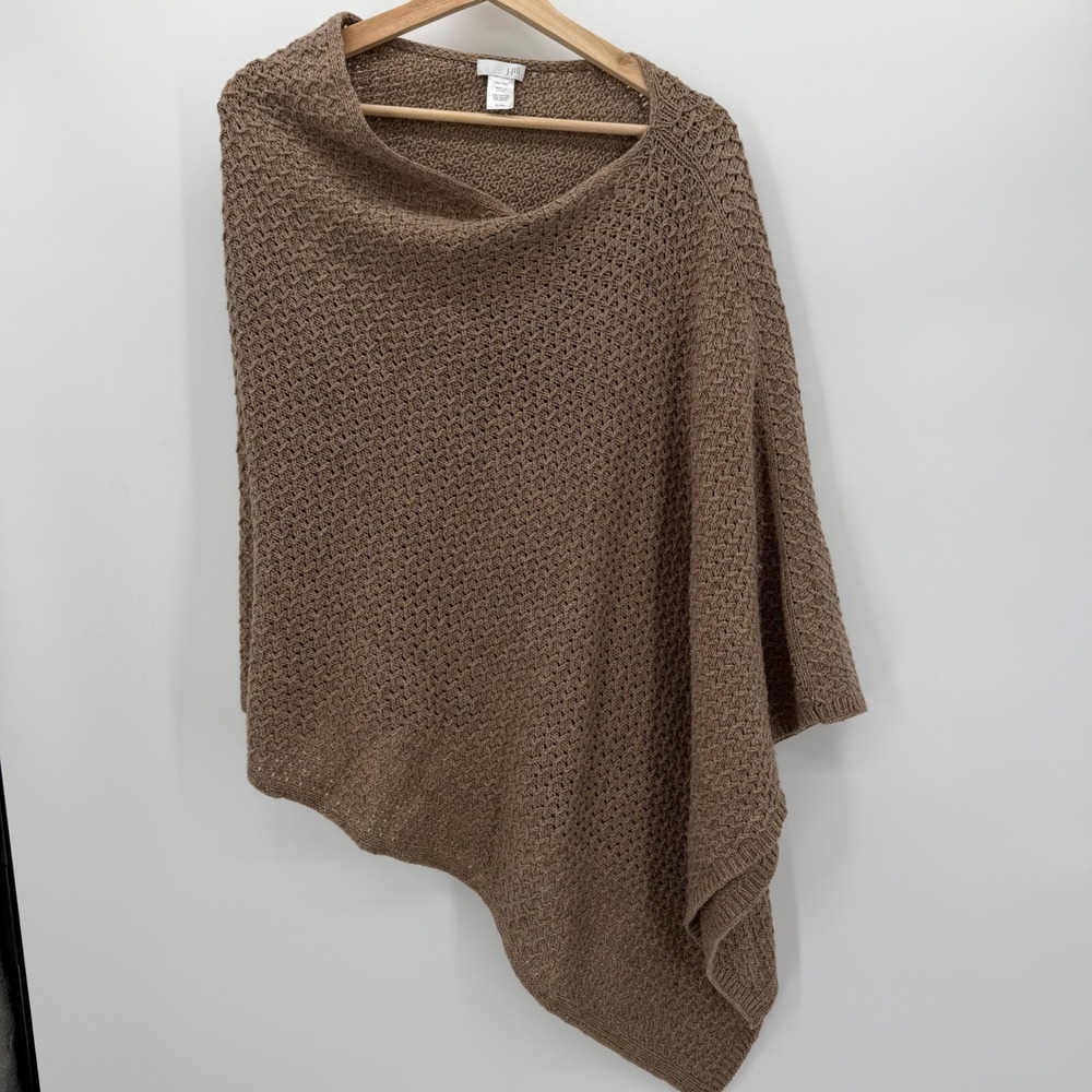 J. Jill Brown Knit Poncho One Size Cotton Wool Blend Basketweave Wrap Sweater